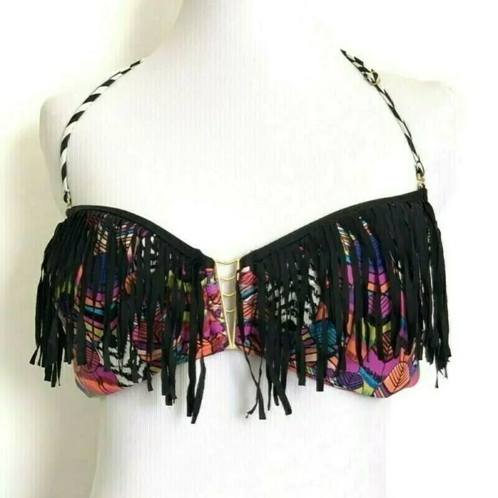 B.SWIM Los Angeles Boutique Bandeau Fringe Halter Bikini Top D Cup Summer L